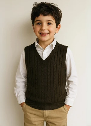 Doce Tom - Colete Infantil Tricot  com Decote V Verde  - DOCE TOM