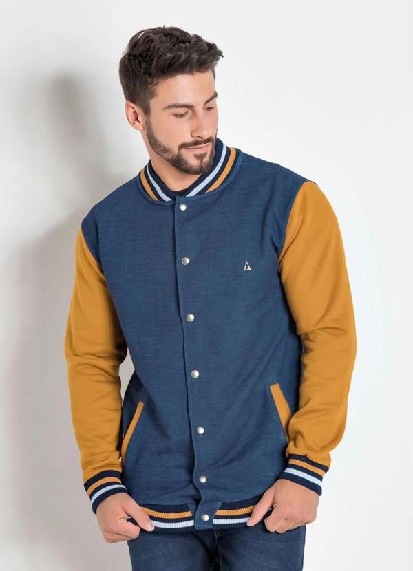 Outlet - Jaqueta College em Moletom Azul e Caramelo
