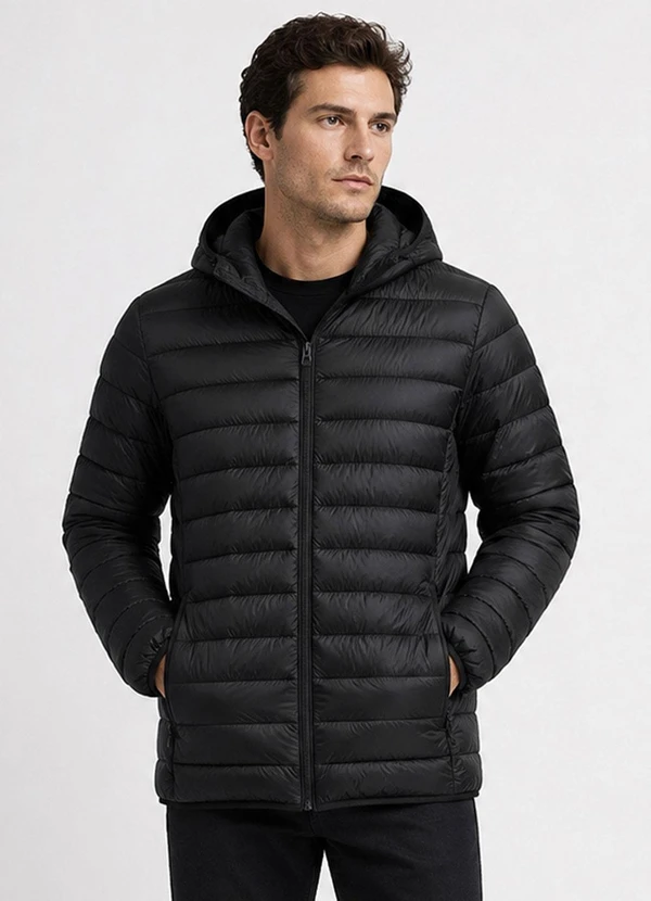 Rovitex - Jaqueta Masculina Puffer com Capuz Preto