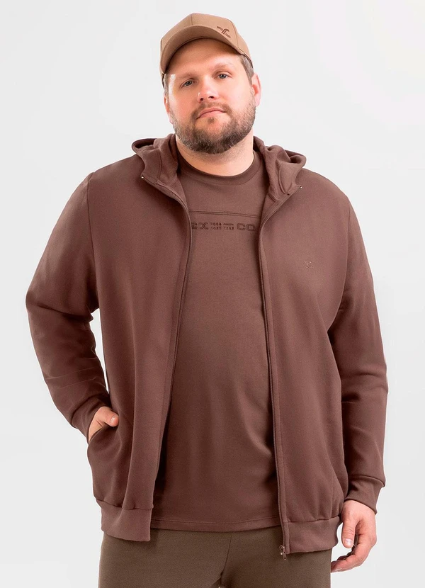 Exco - Jaqueta Plus Size em Moletom Peluciado Marrom Es