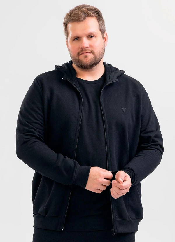Exco - Jaqueta Plus Size em Moletom Peluciado Preto
