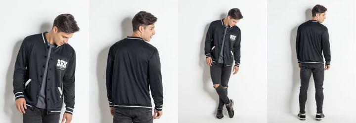 Jaqueta Preta Bomber com Detalhes em Branco