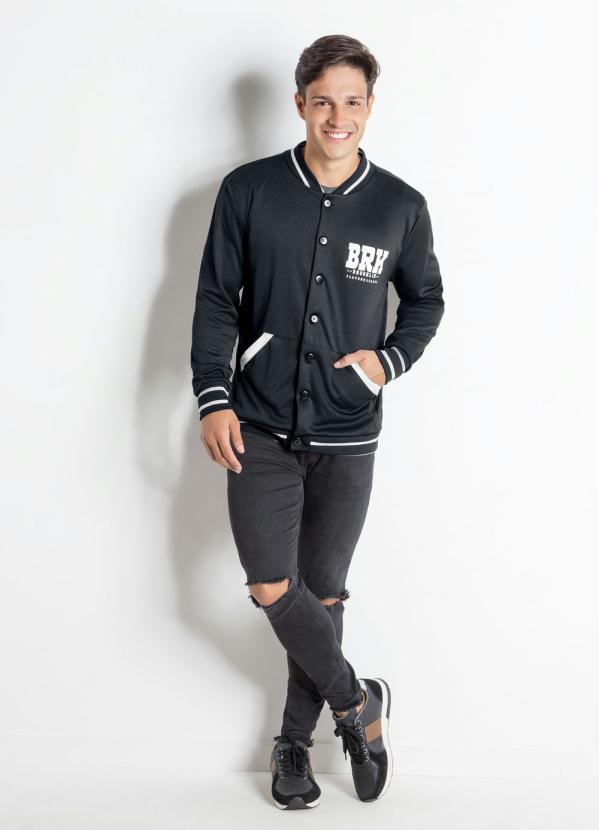 Moda Pop - Jaqueta Preta Bomber com Detalhes em Branco 2