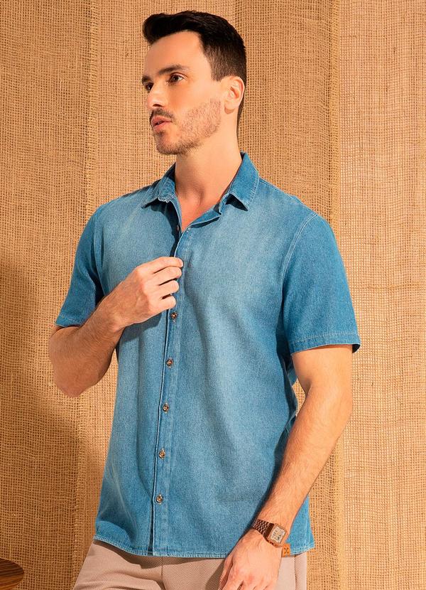 Exco - Camisa Masculina Jeans com Botões Azul