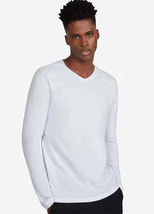 Basicamente - Camiseta Básica Gola V Manga Longa Branco - BASICAMENTE