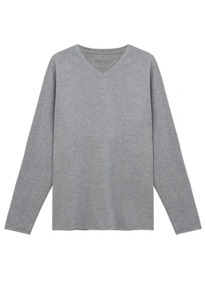 Basicamente - Camiseta Básica Gola V Manga Longa Mescla Claro - BASICAMENTE