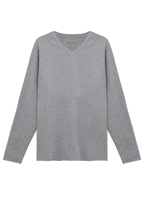 Basicamente - Camiseta Básica Gola V Manga Longa Mescla Claro