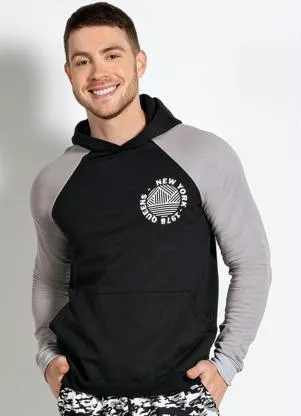 Moda Pop - Casaco com Capuz e Bolso Cinza e Preta - MODA POP