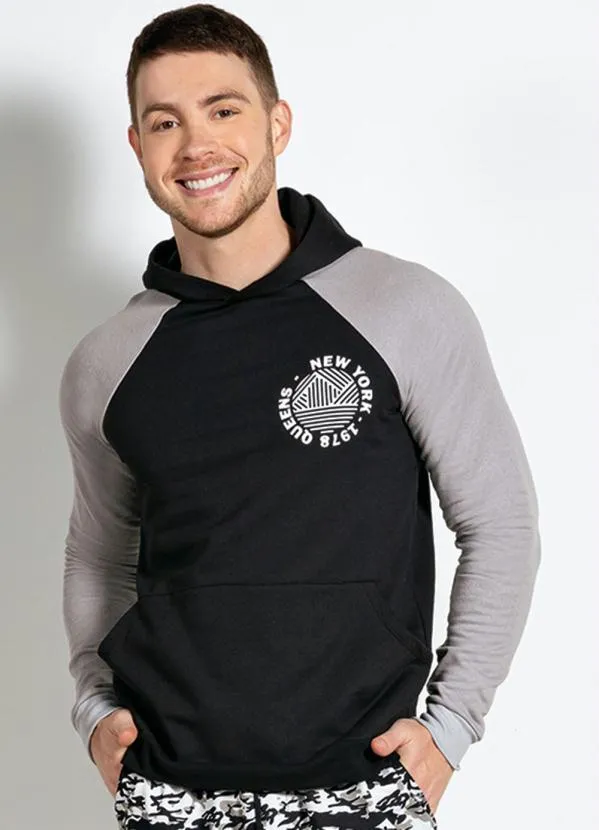 Moda Pop - Casaco com Capuz e Bolso Cinza e Preta