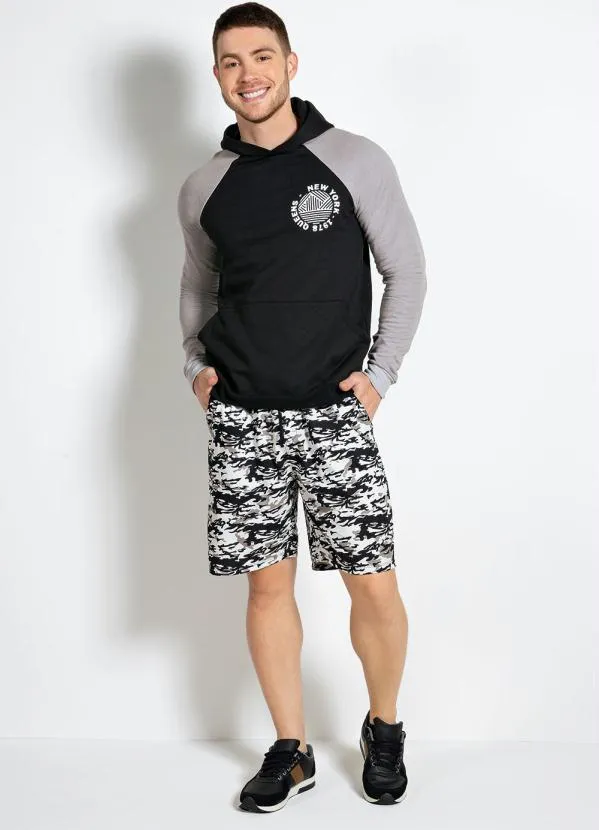 Moda Pop - Casaco com Capuz e Bolso Cinza e Preta 3