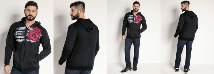 Casaco Preto com Capuz, Bolsos e Z�per Frontal