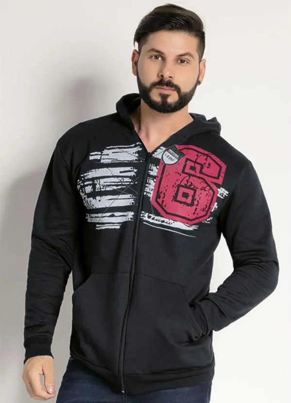 Moda Pop - Casaco Preto com Capuz, Bolsos e Zíper Frontal