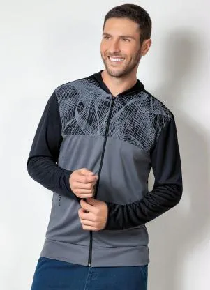 Moda Pop - Casaco Preto e Cinza com Zíper Frontal e Capuz - MODA POP