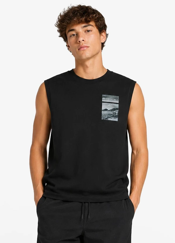 Minty - Regata Masculina Meia Malha com Estampa Preto