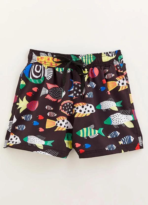 Bento - Short em Poliéster Nino Cardume Tropical Preto