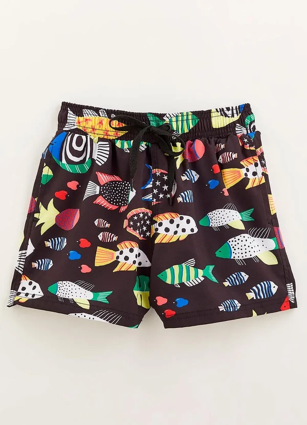 Bento - Short em Poliéster Nino Cardume Tropical Preto
