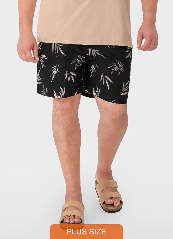 Malwee Plus - Shorts Preto Folhagens Masculino Comfort