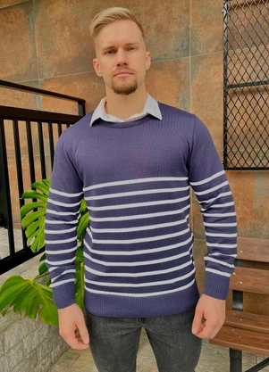 Outlet - Blusa Masculina em Meia Malha com Listras Azul - OUTLET