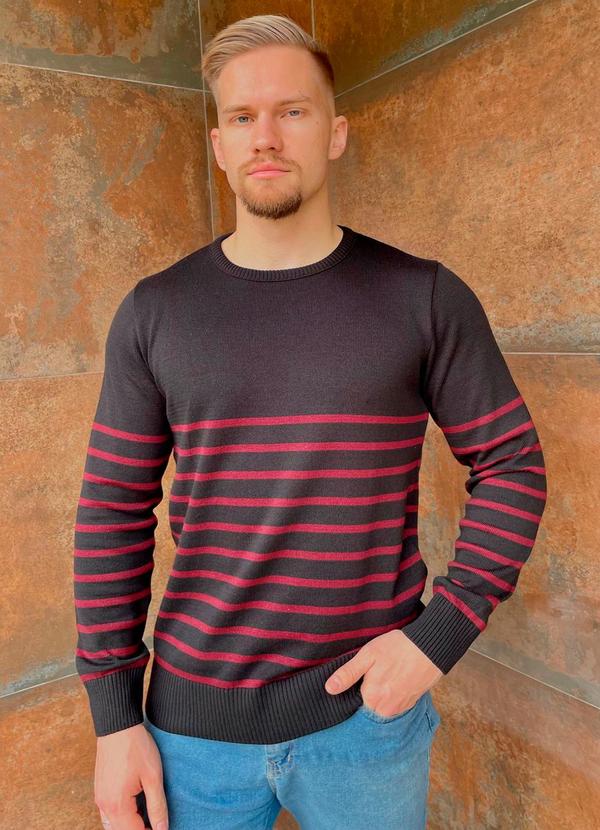 Outlet - Blusa Masculina em Meia Malha com Listras Preto