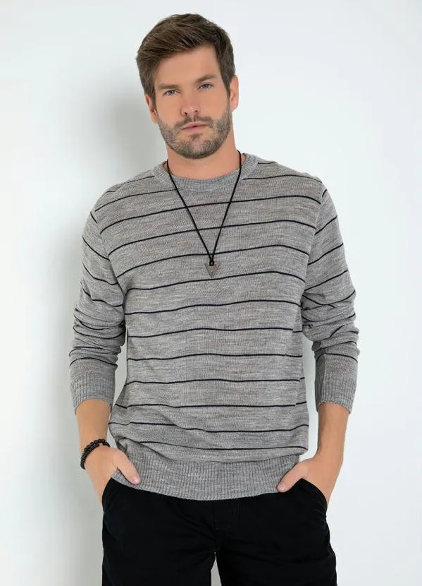 Actual - Suéter Listrado Cinza com Mangas Longas