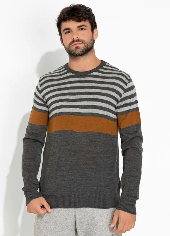 Moda Pop - Suéter Listras Mescla com Mangas Longas