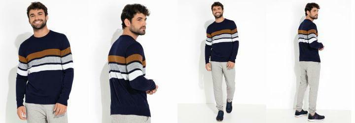 Suter Marinho com Listras e Mangas Longas