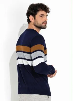 Moda Pop - Suéter Marinho com Listras e Mangas Longas - MODA POP