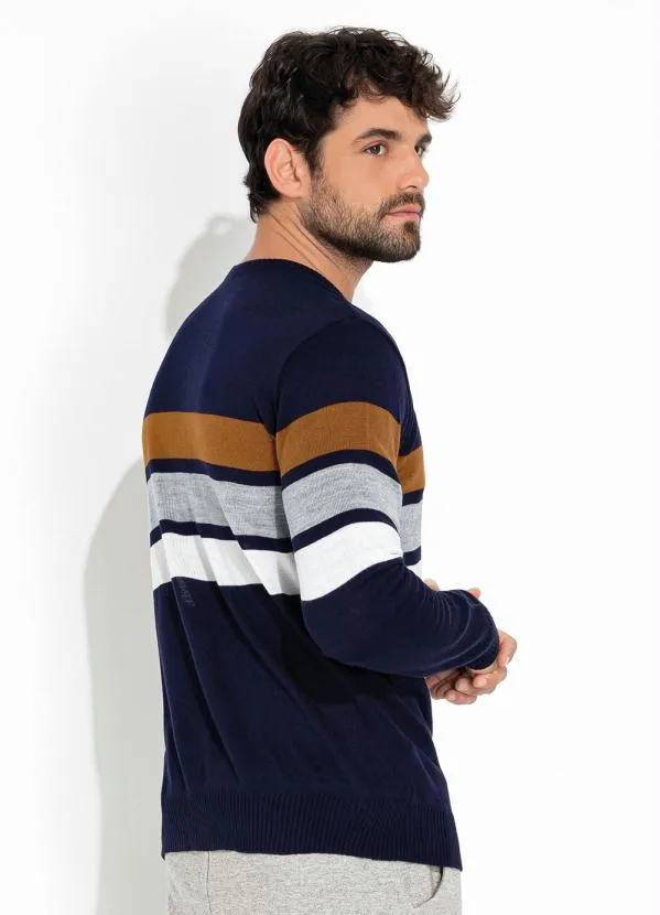 Moda Pop - Suéter Marinho com Listras e Mangas Longas 2