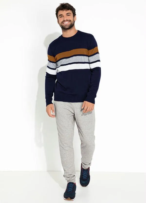 Moda Pop - Suéter Marinho com Listras e Mangas Longas 3