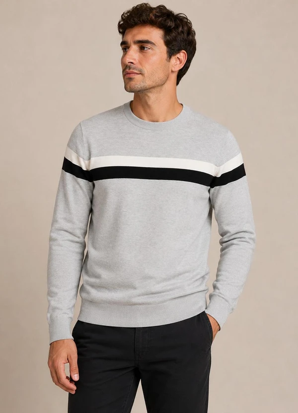 Diametro - Suéter Masculino Listrado Tricot Cinza