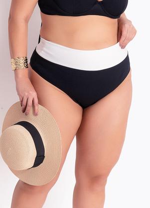 Calcinha Biqu�ni Preto e Branco Cintura Alta em Crepe