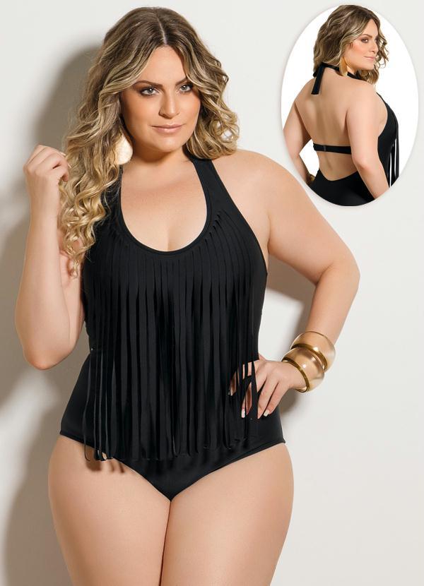 Quintess - Maiô Franjas Preto Plus Size