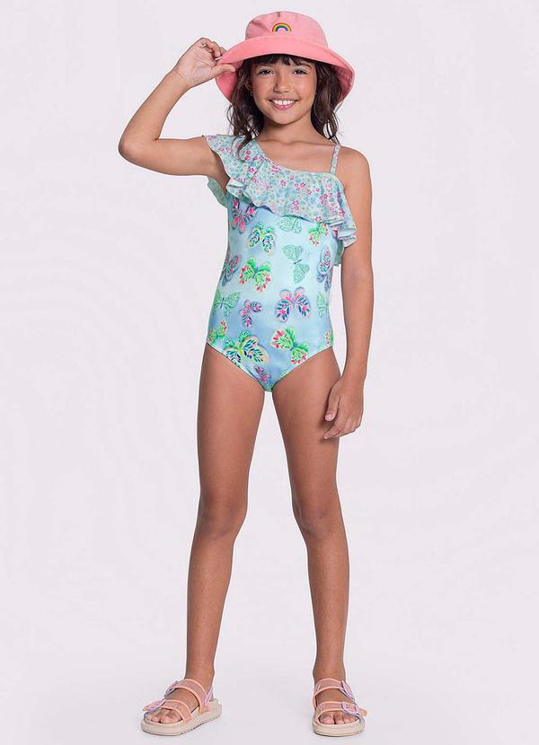 Alakazoo - Maiô Menina Estampado um Ombro Só Alça FinaAzul