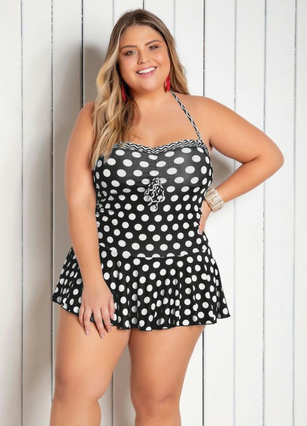 Outlet - Maiô Plus Size Poá com Saia Por Cima da Calcinha