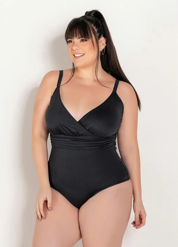 Marguerite - Maiô Plus Size Preto Transpassado com Faixa