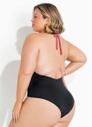 Marguerite - Maiô Plus Size Preto/Rosa Frente Única - MARGUERITE