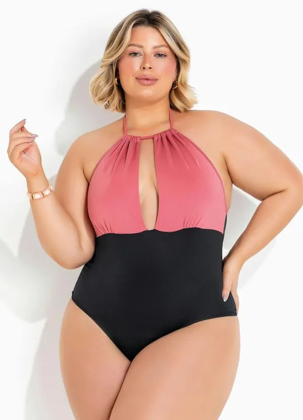 Marguerite - Maiô Plus Size Preto/Rosa Frente Única