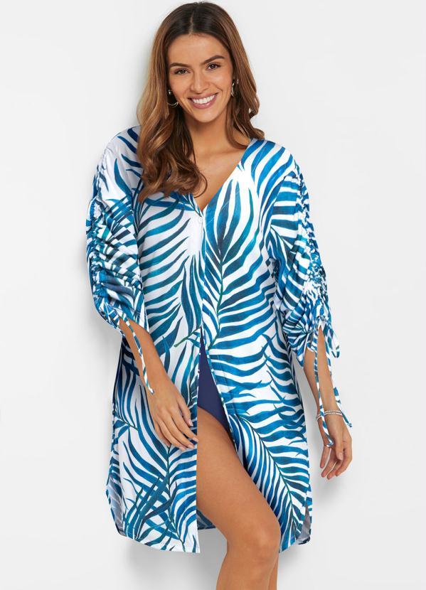 bonprix - Saída de Praia Mangas 7/8 Folhagem Azul 2