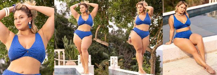 Busto Biquni Azul em Malha Canelada Texturizada