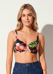 Busto Biqu�ni Floral Preto em Malha com Elastano
