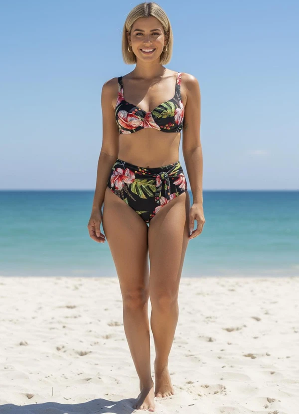 Quintess - Busto Biquíni Floral Preto em Malha com Elastano