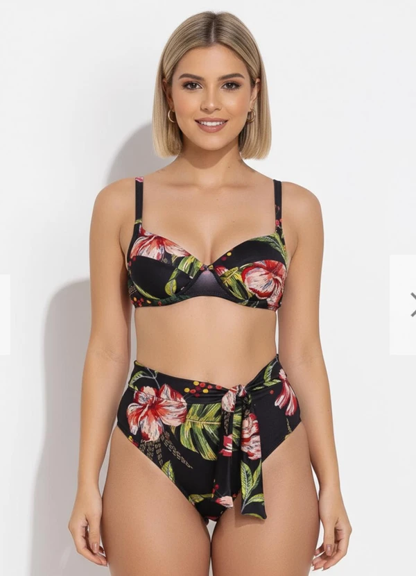 Quintess - Busto Biquíni Floral Preto em Malha com Elastano 3