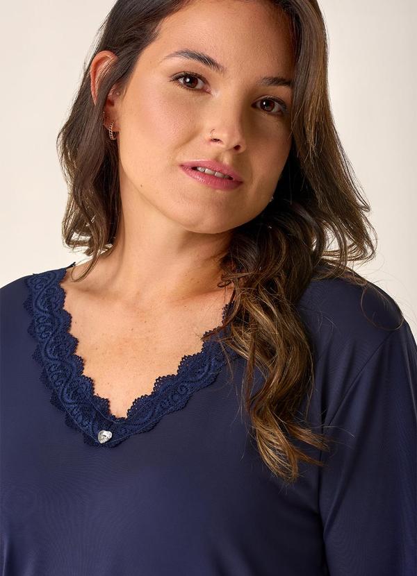 Merengue - Camisola Plus Size Manga Longa - Decote V Azul 4