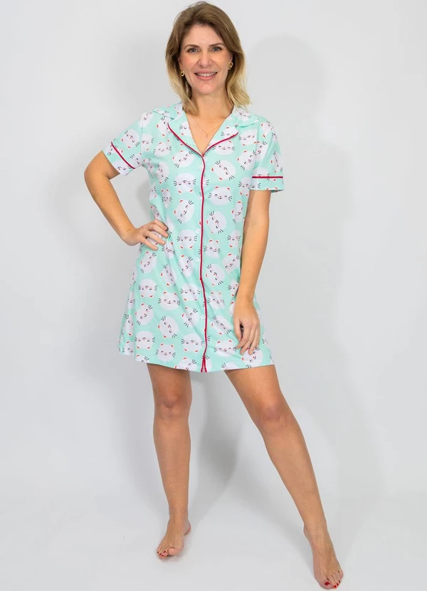 Piante Pijamas - Camisola Algodão Americana Filete Gatinhos Verde 5