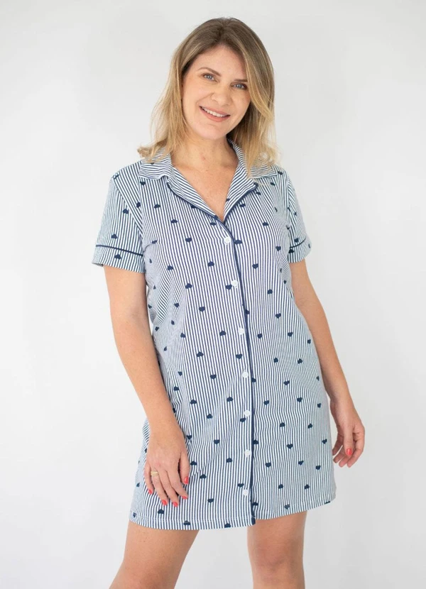 Piante Pijamas - Camisola Americana Listrado Marinho Coração