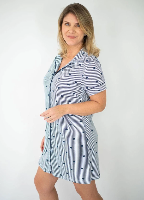 Piante Pijamas - Camisola Americana Listrado Marinho Coração 3