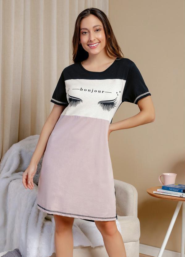 Outlet - Camisola com Estampa Frontal Preto e Rosa