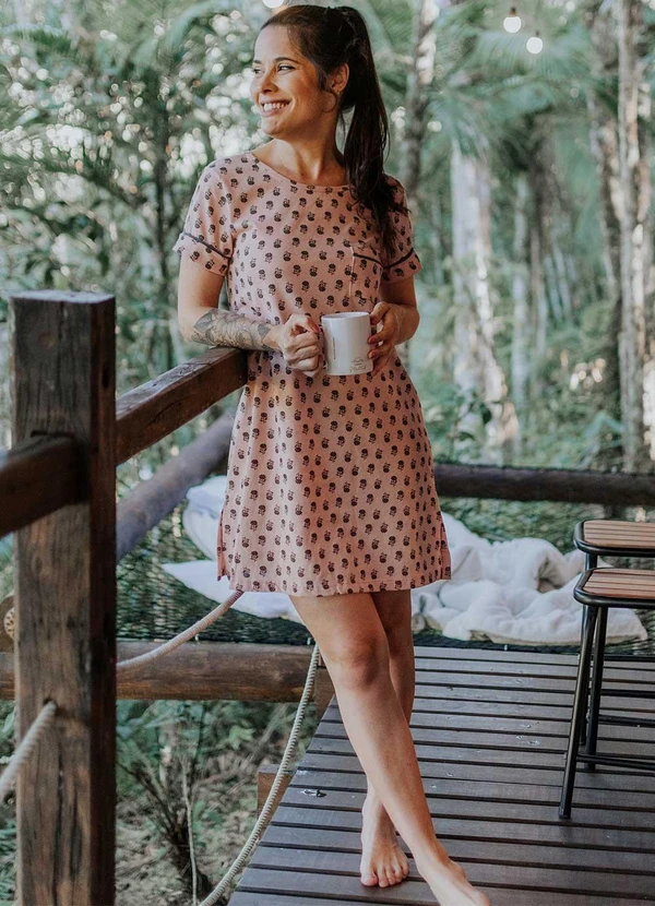 Piante Pijamas - Camisola Manga Curta Algodão Floral Rosa 5