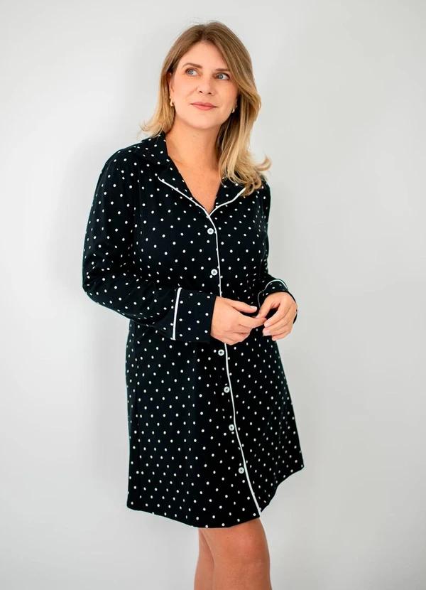 Piante Pijamas - Camisola Manga Longa Fabiola Poá Preto