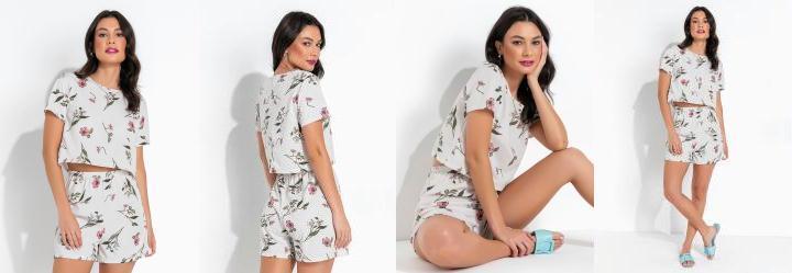 Pijama Floral Elegante Curto com Mangas Curtas